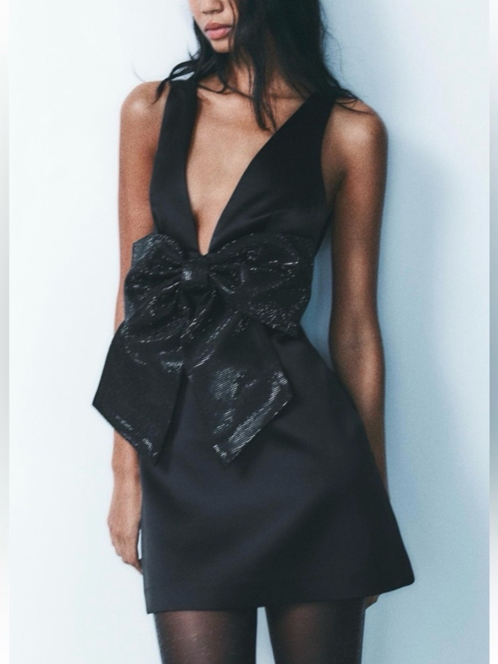 Zara NWT Rhinestone Bow Mini Dress XS Black Satin Plunge Cocktail Dress SOLD OUT